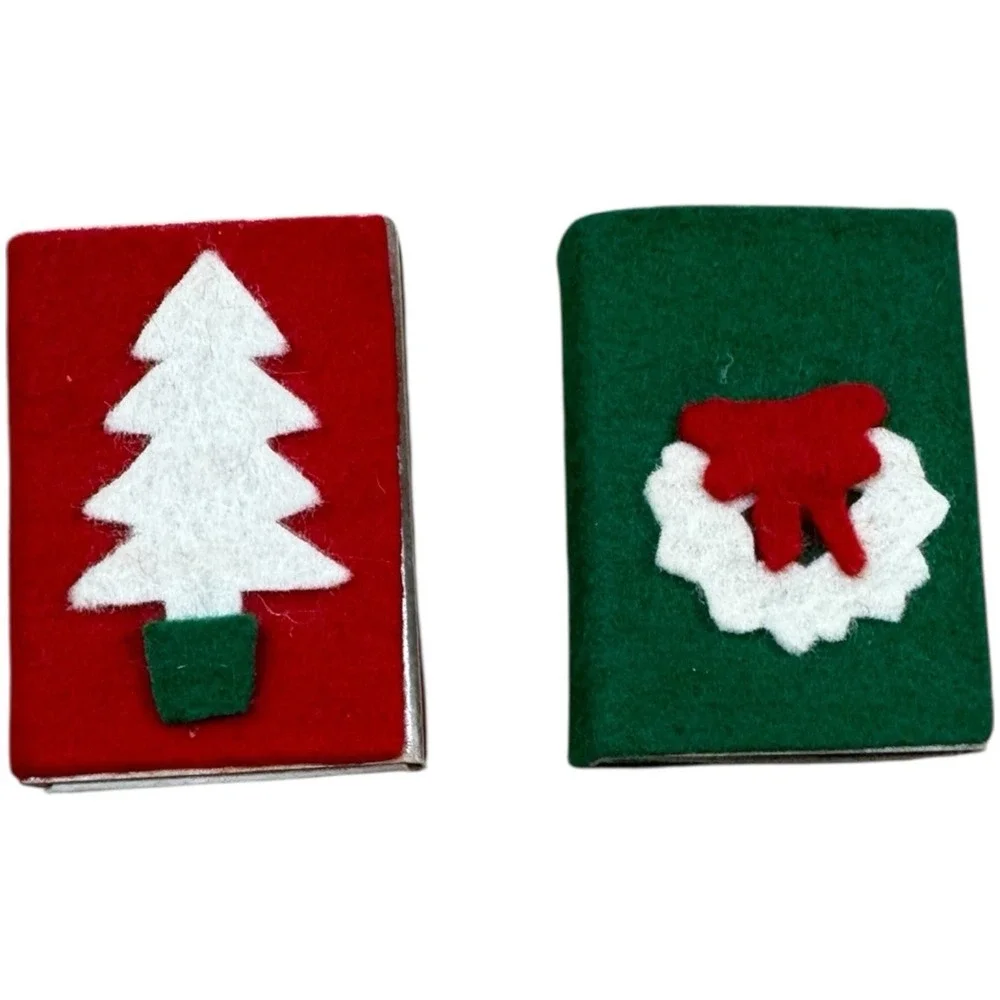 2 Handmade Christmas Vtg SmallFelt Match Boxes‎ Wreath/Christmas Tree 9 Matches